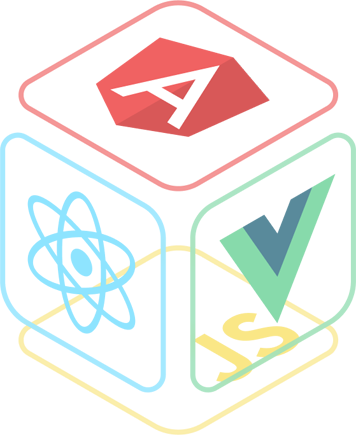 Logo Javascript e da framework Angular.js, React.js e Vue.js