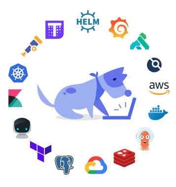 Image of a blue dog using a notebook surrounded by tools used in the DevOps ecosystem.