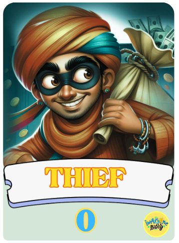 An illustration of Thirudan/Thief from the Raja, Rani, Police and Thief Indian Tamil game. Free to download and play