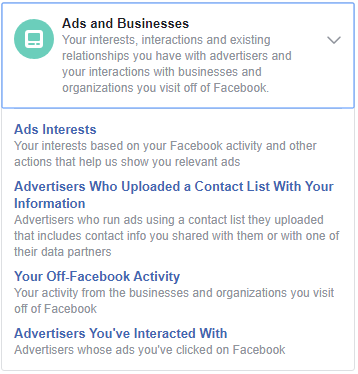 Ads and Businesses tab expanded