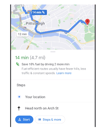 Image of Google Maps showing a route that is 2 minutes longer, but 10% more fuel efficient.
