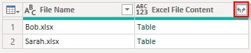Expand option highlighted on column name