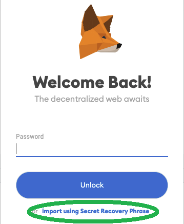 Metamask’s browser extension, with the words “secret phrase” circled