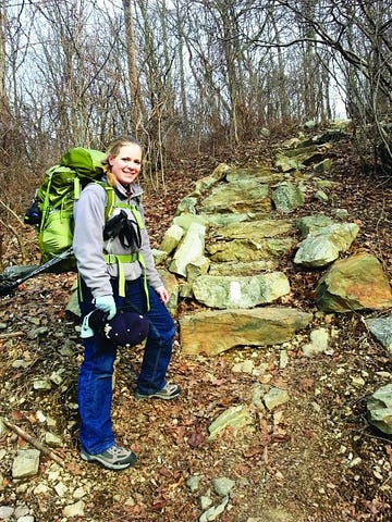 PHOTO COURTESY OF AMY RUHF  Athletic trainer Amy Ruhf trains for her 250-mile hike on the Appalachian Trail in Pennsylvania. 