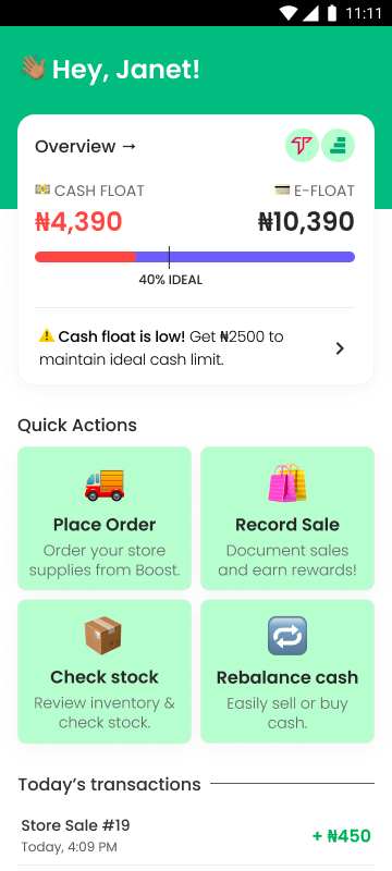 The app homepage shows cash and e-float, alongside quick actions to place an order, record sales, check stock, and rebalance cash.