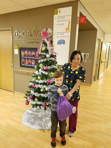 A member of the MOMS Club of Medford’s son, who was born at 27 weeks 6 years ago and was a graduate of the NICU, helped his mother deliver the bags to the Virtua Voorhees NICU last week.