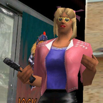 A picture of “The Psycho” from Grand Theft Auto: Vice City. This character is presented as a man dressing in women’s clothing.