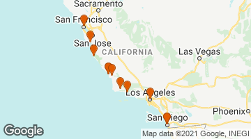 Mapa que mostra a extensão da rodovia Pacific Coast Highway, com pontos nas cidades de San Diego, Los Angeles, San Jose, San Francisco e Sacramento.