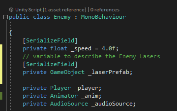 Screenshot of Enemy script MonoBehaviour with new laser prefab variable added.