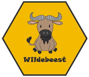 Yellow hexagon containing a cartoon wildebeest sitting down with the word “wildebeest” underneath