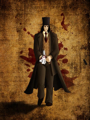 jack the ripper, a knife in one hand, blood splatter in background