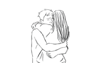 An illustrated GIF of a sad man hugging a woman tightly.