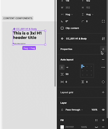 A GIF showing the user adding three new variants to the “CC_001 H1 & Body” content component. they are being labeled “Home”, “About”, and “Services”, with the variant title being labeled as a page.