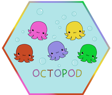 Hexagon containing five different colored octopuses on a light blue background with the word “octopod” underneath