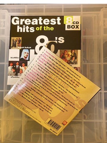 Author’s photo of their copy of the CD boxset “Greatest Hits of the 80s”, featuring the track listing for disc 2