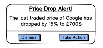 Mentions the notification of a price drop alert which shows that the Last traded price of Google has been dropped by 15% to 2700$. It also shows 2 buttons “Dismiss” and “Take action”