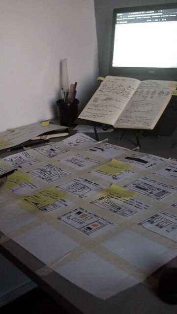 A photo of one of my storyboards with some post its on it