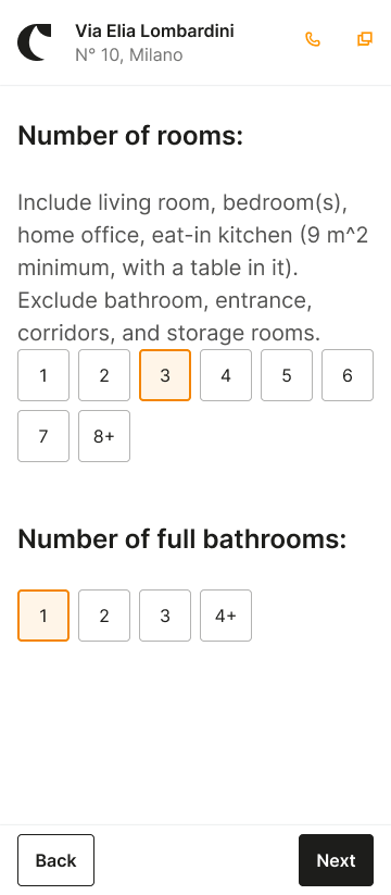 in the valuation flow, there’s a label “Number of rooms” with a subheading “Include living room, bedroom(s), home office, and eat-in kitchen (9 m² minimum, with a table in it). Exclude bathroom, entrance, corridors, and storage rooms.”