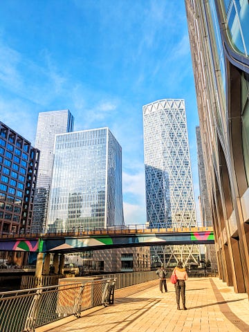 The view of skyscrapers at Canary Wharf.