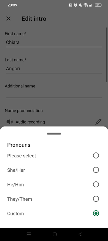 LinkedIn pronouns feature: users can select she/her, he/him, they/them, custom