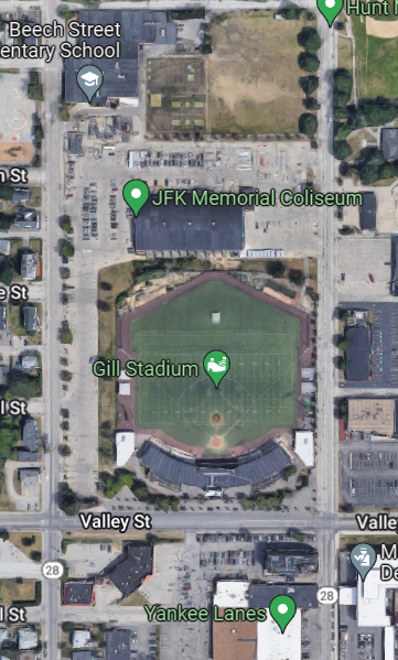 A screenshot of Gill Stadium in central Manchester, New Hampshire. Currently in a layout accomodating baseball and American football.