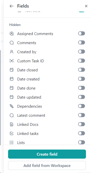 default fields/columns in clickup