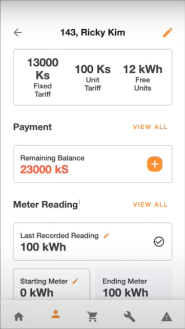 Payments tab showing customer, remaining balance, and meter reading