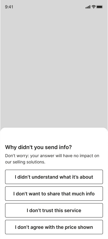 “Why didn’t you send info?” screen, with several possible answers (I don’t understand the service, I don’t trust the service, and so on).
