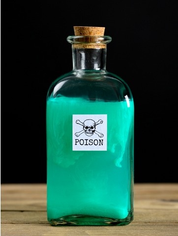 glass bottle filled with green liquid with label of skull and crossbones and the word POISON sparkling pesticide garrulous glaswegian medium