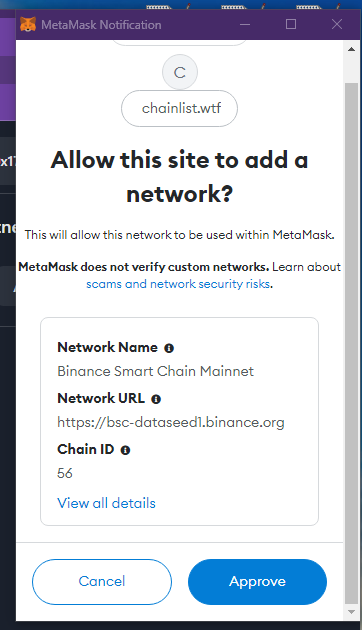 Approving the adding of BNB BSC to MetaMask in Chainlist