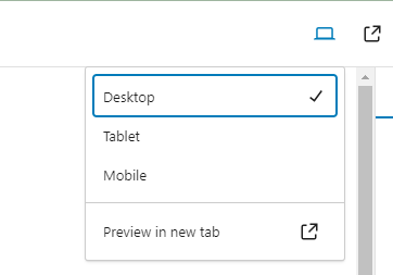 WordPress quick preview dialog showing Desktop, Tablet, Mobile, and Preview in new tab