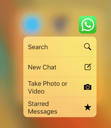 #PraCegoVer Print de um iPhone com o icone do app Whatsapp pressionado mostrando o forceTouch em ação