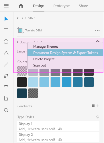 You can access the document editor from the design system project menu in Toolabs DSM Plugin for Adobe XD.