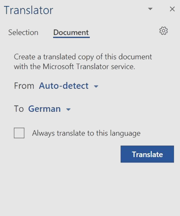 New pane to choose your source and target languages for automatic document translation in Word | Phrase