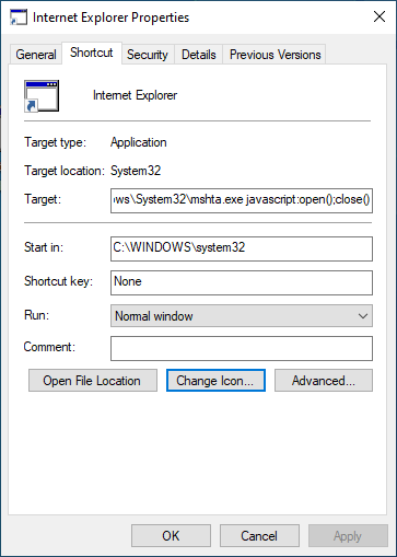 The Properties dialog for the Internet Explorer shortcut.