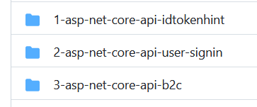 Image showing the three .NET samples; “api-tokenhint”, “user-signin” and “api.B2C”