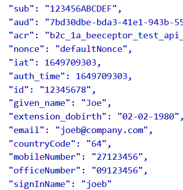 Image showing claims returned e.g. “id” = “12345678” and “given_name” = “Joe”