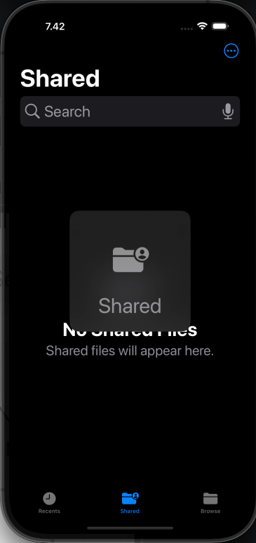 iOS’s Files app, Shared tab open, with Shared menu item displayed on top of the screen as a card with the folder icon and text ‘Shared’.