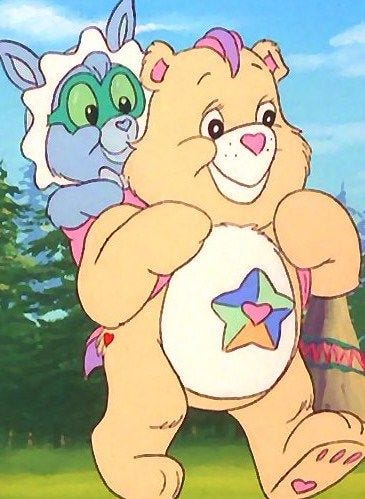 True Heart bear is cream coloured with a star on their tummy and mauve hair. A stowaway, Swift Heart rabbit, as hiding in their backpack.