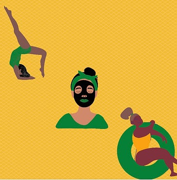 three black women, one doing yoga, one doing a face mask, and one sitting in a pool floaty