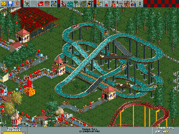 Roller Coast Tycoon (an evolution of Theme Park) showing the player’s park and the rides that they have built.