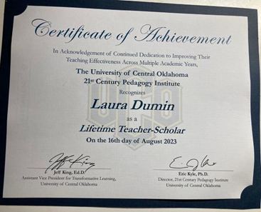 Certificate of achievement for “Lifetime Teacher-Scholar”