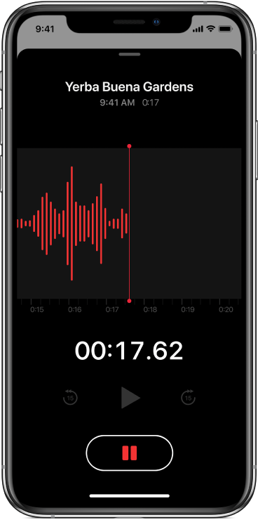 A Voice Memos screen showing a recording in progress.