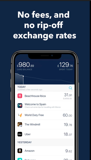 An ad showing the Monzo app with typical transactions from a holiday.