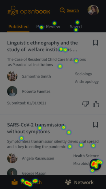 Image of mobile interface with heatmap showing where users clicked.