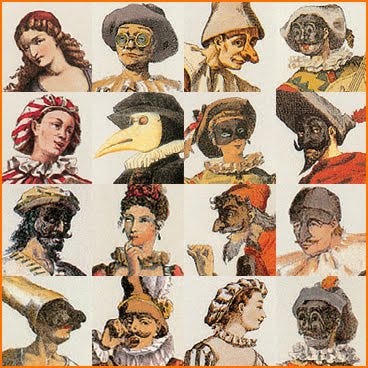 A collection of drawings of commedia characters, some masked.