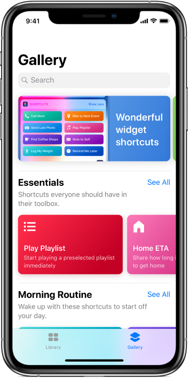 The Gallery tab in the Shortcuts app, showing suggestions for shortcuts.