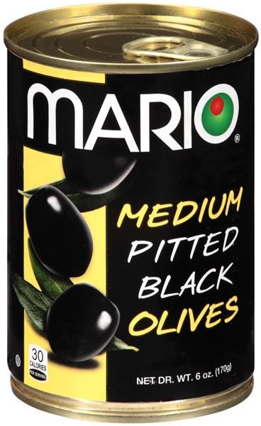 A can of Mario olives, medium pitted black.