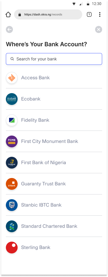 Image showing how the banks are displayed in a list when customers search for their banks.