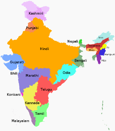 Map of India subdivided into regions with most spoken language there.